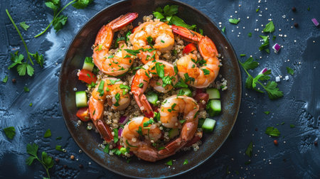 Top view of shrimp steak on a bed of quinoa salad with chopped vegetables and a sprinkle of fresh herbs. A healthy and nutritious seafood meal.の素材