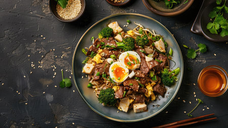 Top view of pad see ew noodles with beef, broccoli, and eggs, garnished with cilantro.の素材