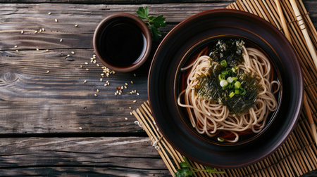 Top view of cold soba noodles with dipping sauce, garnished with nori and green onions on a bamboo mat.の素材