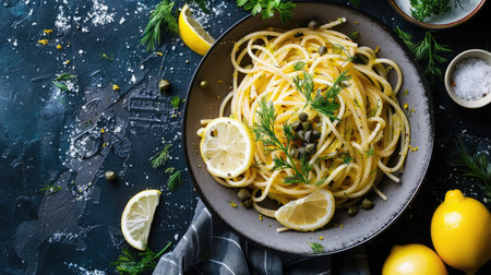 Top view of spaghetti with a tangy lemon and caper sauce, garnished with fresh dill.の素材