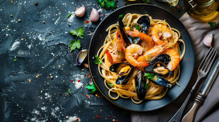 Top view of seafood spaghetti with mussels, shrimp, and clams in a white wine and garlic sauce.の素材