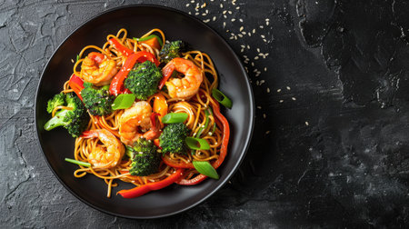 Top view of stir-fried noodles with shrimp, bell peppers, and broccoli, garnished with sesame seeds and green onions on a black plate.の素材