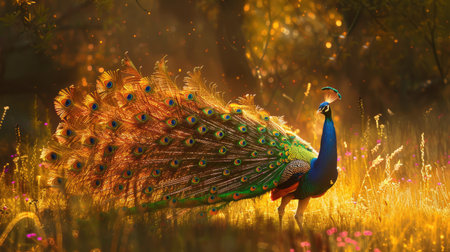 Vibrant peacock strutting in a sunlit meadow, its feathers fully fanned out and shimmering under the golden light of the afternoonの素材