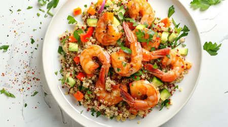 Top view of shrimp steak on a bed of quinoa salad with chopped vegetables and a sprinkle of fresh herbs. A healthy and nutritious seafood meal.の素材