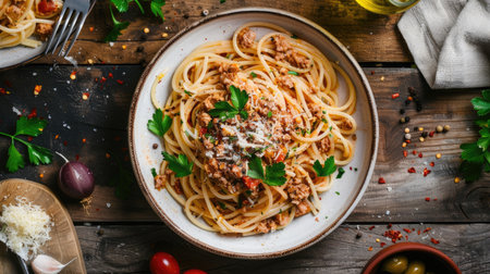 Top view of spaghetti with a spicy tuna and olive sauce, garnished with parsley.の素材
