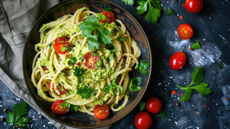 Top view of spaghetti with a creamy avocado and lime sauce, topped with cherry tomatoes and cilantro.の素材