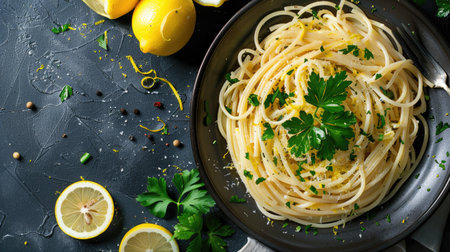 Top view of spaghetti with lemon and garlic sauce, garnished with parsley and lemon zest.の素材