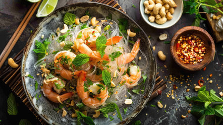 Top view of glass noodles salad with shrimp, mint, cilantro, and peanuts, drizzled with a tangy lime dressing.の素材