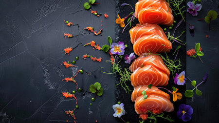 Top view of delicate salmon sashimi slices on a black slate, garnished with microgreens and edible flowers. Perfect for elegant and modern dining concepts.の素材