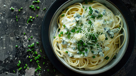 Top view of spaghetti with a rich and creamy blue cheese sauce, garnished with chives.の素材