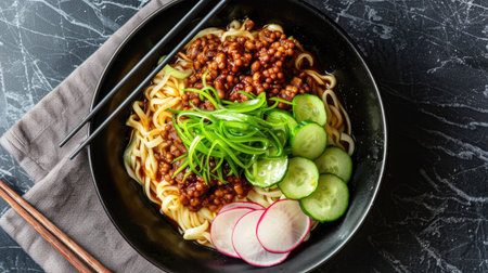 Top view of zha jiang mian noodles with pork and soybean paste, garnished with cucumber and radish.の素材