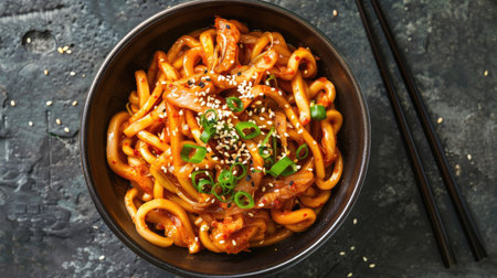 Top view of spicy kimchi udon noodles with pork belly, green onions, and sesame seeds in a black bowl.の素材