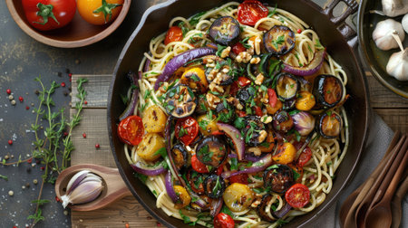 Top view of spaghetti with roasted vegetables and a garlic and olive oil dressing.の素材
