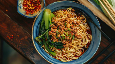 Top view of spicy Sichuan noodles with minced pork, chili oil, and bok choy in a blue bowl.の素材