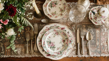Vintage dining table setup with floral-patterned china, antique silverware, and a lace tablecloth creating a charming old-world feelの素材