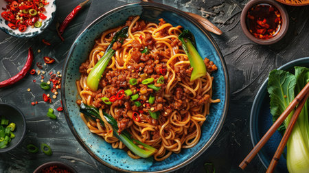 Top view of spicy Sichuan noodles with minced pork, chili oil, and bok choy in a blue bowl.の素材