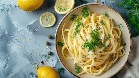 Top view of spaghetti with a tangy lemon and caper sauce, garnished with fresh dill.の素材