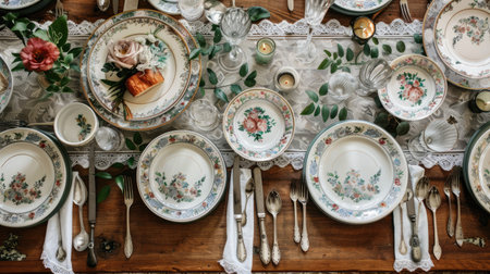 Vintage dining table setup with floral-patterned china, antique silverware, and a lace tablecloth creating a charming old-world feelの素材