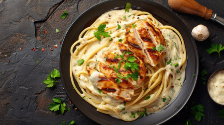 Top view of spaghetti with creamy Alfredo sauce and grilled chicken strips, garnished with parsley.の素材