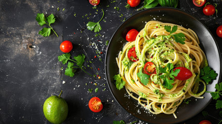 Top view of spaghetti with a creamy avocado and lime sauce, topped with cherry tomatoes and cilantro.の素材