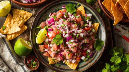 Top view of a plate of tuna ceviche with lime juice, red onion, and cilantro, served with crispy tortilla chips.の素材
