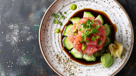 Top view of a plate of tuna tartare with cucumber and avocado, garnished with microgreens and served with a side of soy sauce.の素材