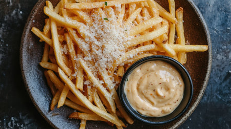Top view of a plate of shoestring fries served with a side of truffle aioli and sprinkled with Parmesan cheese.の素材