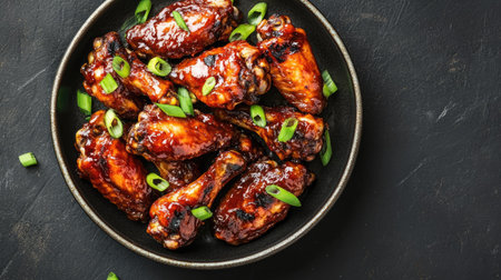 Top view of a serving of BBQ grilled chicken wings coated in a sticky sauce and garnished with green onions.の素材