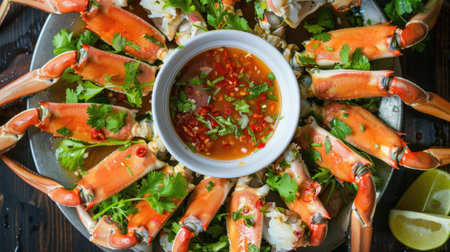 Top view of a platter of crab claws with a spicy chili dipping sauce, garnished with fresh herbs.の素材