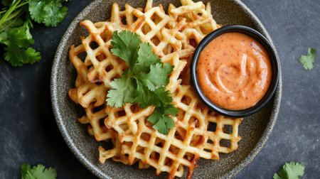 Top view of a plate of waffle fries served with a side of sriracha mayo and garnished with fresh cilantro.の素材