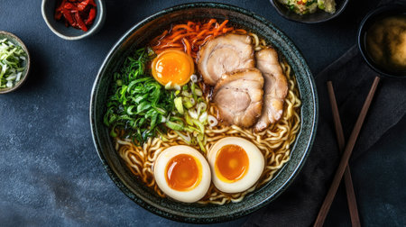 Top view of a ramen bowl with rich soy sauce broth, noodles, and classic toppings like chashu pork and narutomaki.の素材