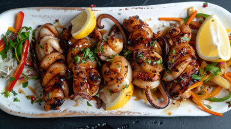Top view of a platter of grilled squid with a honey garlic glaze, served with a side of stir-fried vegetables and lemon wedges.の素材
