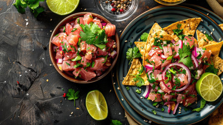 Top view of a plate of tuna ceviche with lime juice, red onion, and cilantro, served with crispy tortilla chips.の素材