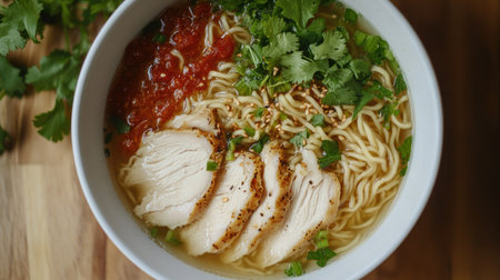 Top view of a ramen bowl with a clear chicken broth, thin noodles, and toppings like tender chicken slices and fresh herbs.の素材