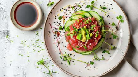 Top view of a plate of tuna tartare with cucumber and avocado, garnished with microgreens and served with a side of soy sauce.の素材