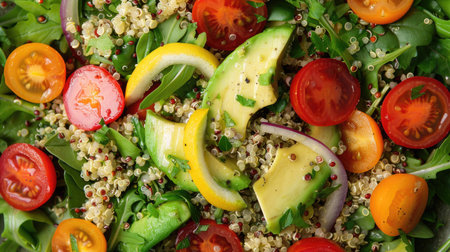 Top view of a quinoa salad with mixed greens, cherry tomatoes, avocado, and a lemon tahini dressing.の素材
