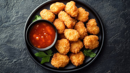 Top view of a platter of fried chicken nuggets served with a side of sweet and sour sauce for dipping.の素材