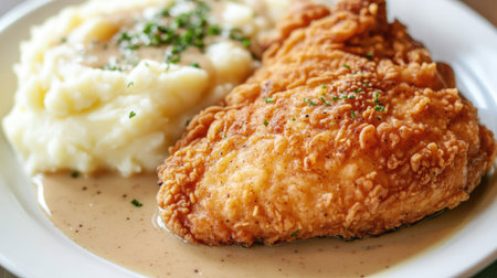 Top view of a serving of fried chicken breast with a crispy coating, served with a side of mashed potatoes and gravy.の素材