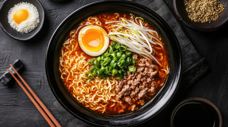 Top view of a ramen bowl featuring spicy miso broth, noodles, and toppings like minced pork, bean sprouts, and green onions.の素材