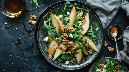 Top view of a poached pear and gorgonzola salad with arugula, walnuts, and a honey balsamic dressing.の素材