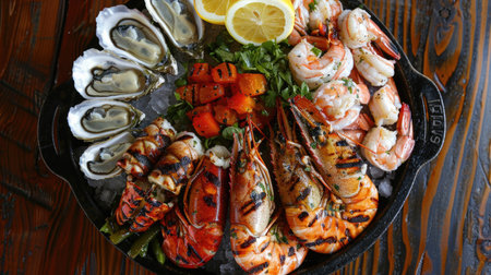 Top view of a platter of grilled lobster tails, oysters, and shrimp with a garlic butter sauce, accompanied by a side of vegetable medley.の素材