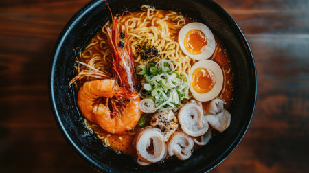 Top view of a ramen bowl featuring spicy seafood broth, noodles, and an array of seafood like shrimp and squid.の素材