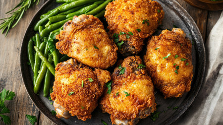 Top view of a platter of fried chicken thighs with a golden brown crust, served with a side of green beans.の素材