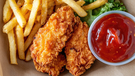 Top view of a serving of fried chicken strips with a crispy coating, served with a side of ketchup and fries.の素材