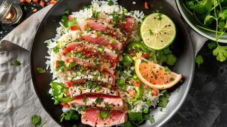 Top view of a seared tuna steak with a citrus salsa, accompanied by a side of jasmine rice and fresh herbs.の素材