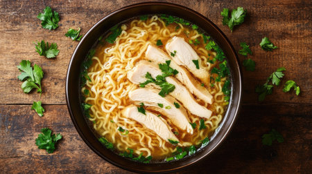 Top view of a ramen bowl with a clear chicken broth, thin noodles, and tender chicken slices, garnished with fresh herbs.の素材