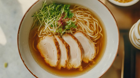 Top view of a ramen bowl with a clear broth, thin noodles, and toppings like chicken slices and fresh herbs.の素材