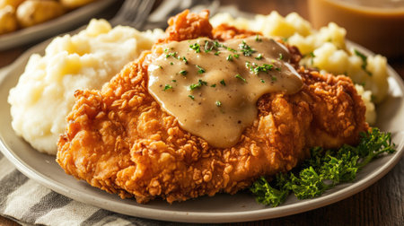 Top view of a serving of fried chicken breast with a crispy coating, served with a side of mashed potatoes and gravy.の素材