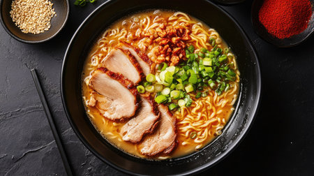 Top view of a ramen bowl with a rich, creamy broth, noodles, and a variety of toppings including pork slices and green onions.の素材