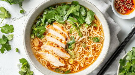 Top view of a ramen bowl with a clear broth, thin noodles, and toppings like chicken slices and fresh herbs.の素材